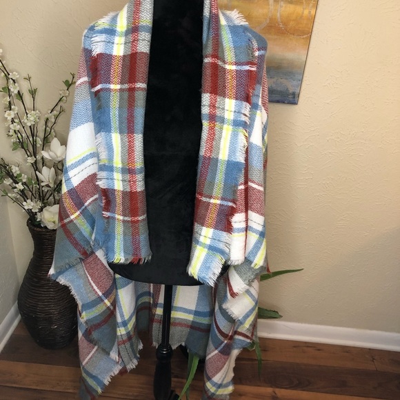 Plaid Blanket Scarf White Blue Gray Lime Green Red - Picture 6 of 7
